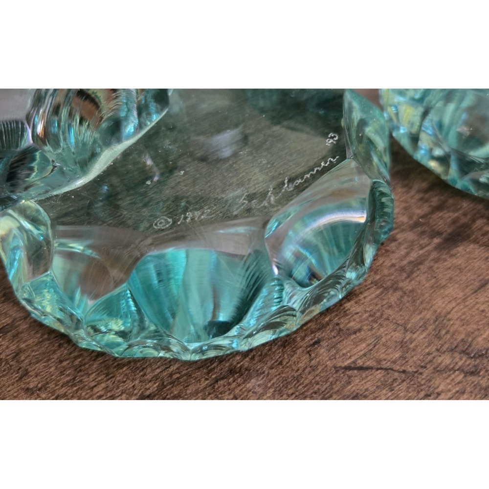 Rare 6 Pc Stephen Schlanser Aqua 'Ice Chip' Glass Art Piece 1992 Signed - Picture 4 of 10